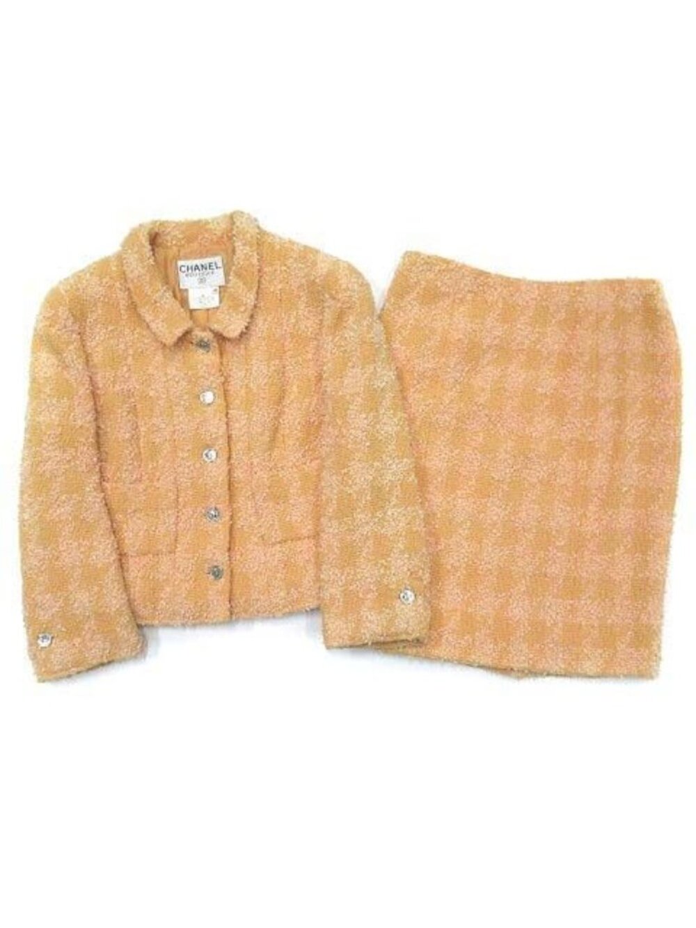 Chanel Vintage CC Logo Silver Button Tweed Skirt Suit Jacket Top and Bottom Set